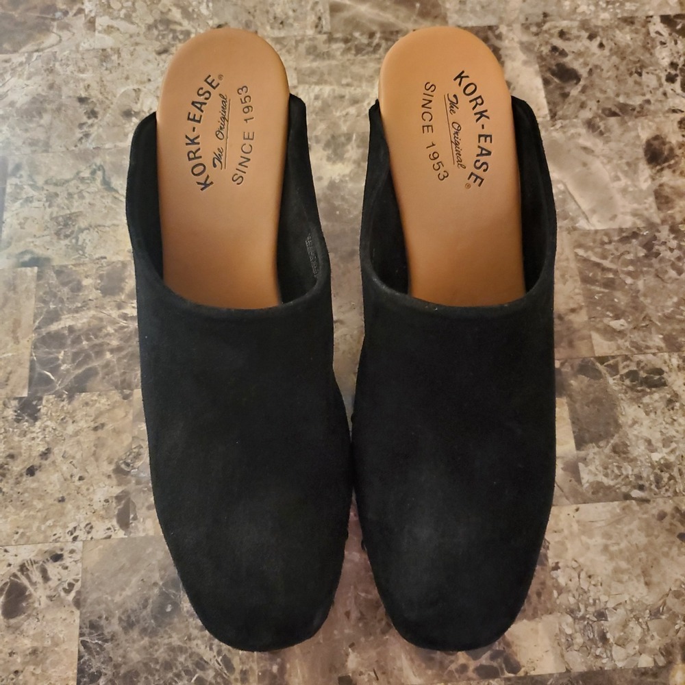 Kork Ease sz 10M black Suede Leather Clogs Studded faux Wood chunky heels retro - Picture 3 of 14